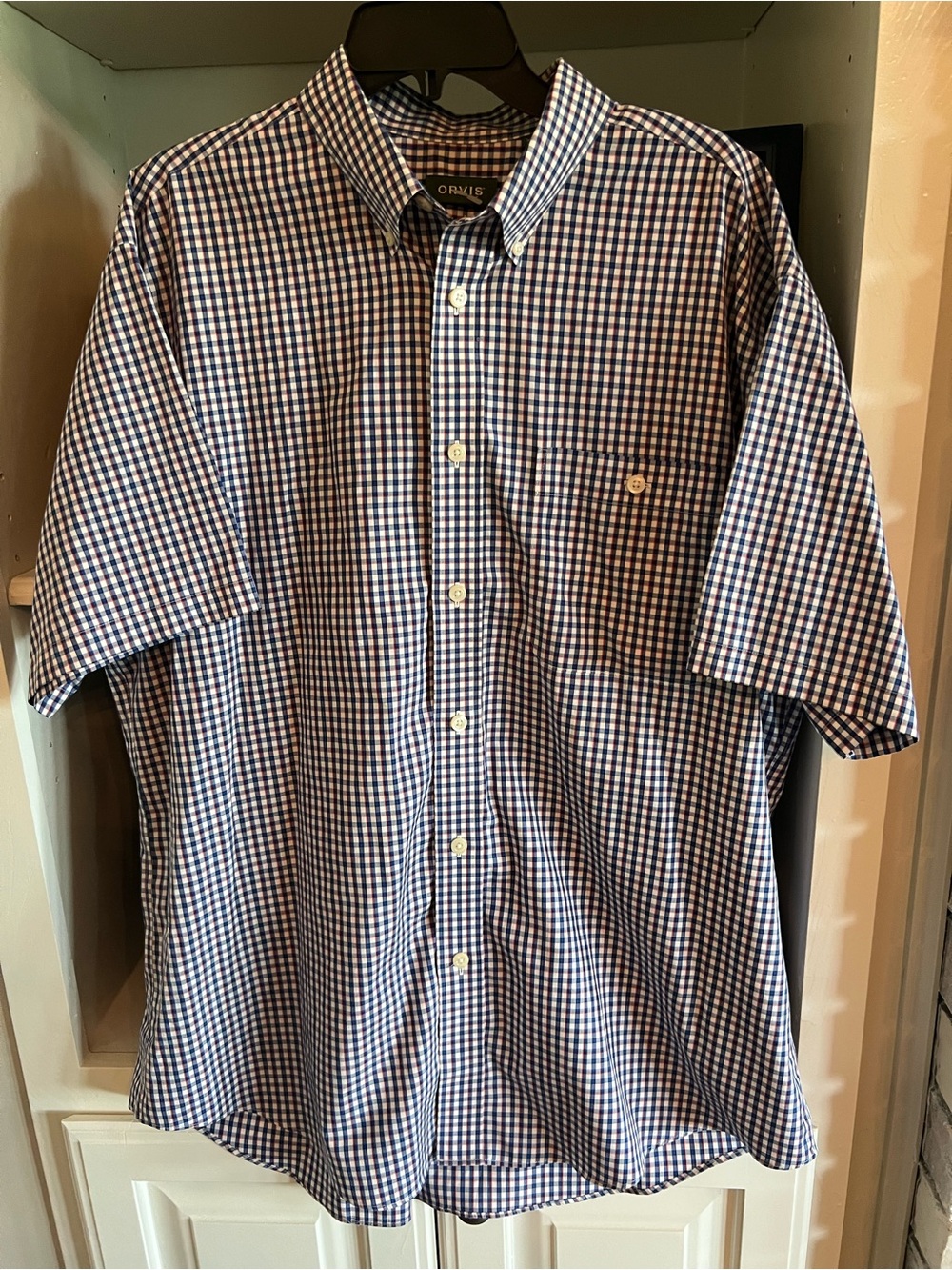 Orvis Short-Sleeve Navy White Red Gingham Check Button-Down Shirt XL